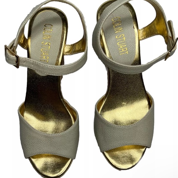 Colin Stuart cork heel sandals white ankle strap 6.5 - Picture 3 of 4